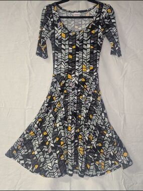 LuLaRoe Geometric Print Fit & Flare Dress in Gray and Yellow